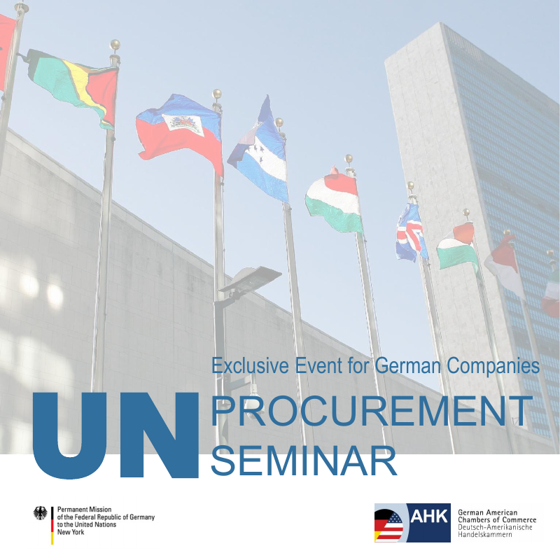 Official UN Procurement Seminar flyer cover for German companies, with a photograph of the United Nations and organizer logos.